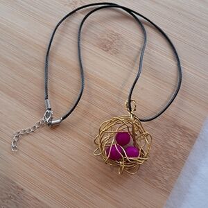 Gold Wire Nest Pendant Necklace with Pink Beads